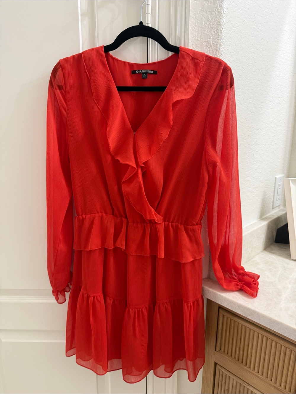 Gianni Bini Vibrant Red Ruffle Tiered Long-Sleeve Dress